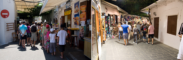 Les boutiques de Lindos le jour et la nuit